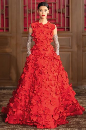 Red gown volume flowers Valentino Haute Couture Collection in Beijing