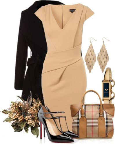 Beige dress and black coat Outfit on FabFashionBlog