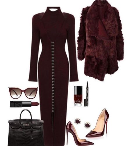 Burgundy dress and fur coat smart casual fashion outfits for winter