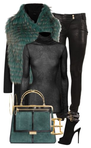 Greenish fur collar and bag on totally black pants smart casual fashion outfits for winter