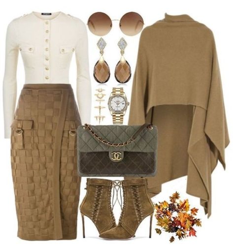 Elegant skirt and poncho smart casual fashion outfits for winter