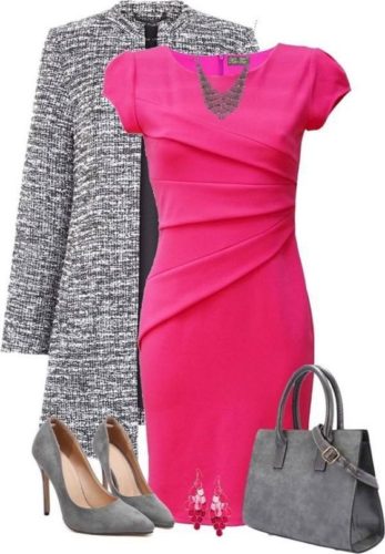 Pink dress with grey coat ootd outfit