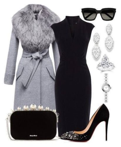 Little Black Dress with Fur collar grey coat winter outfit