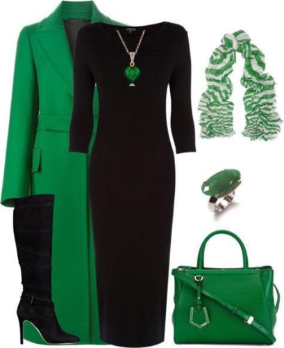 Black dress outfit with a green coat on FabFashionBlog