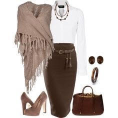 Brown pencil skirt outfit with a beige poncho on FabFashionBlog