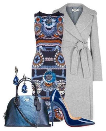 Blue geometrical print dress outfit with grey coat on FabFashionBlog