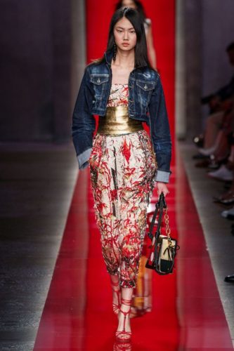 Red and white jumpsuit with denim jacket Dsquared2 Spring 2020 Menswear fashion show
