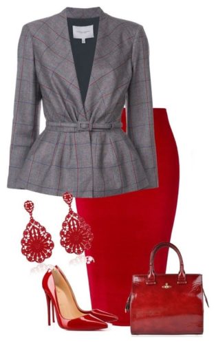 Red pencil skirt and grey jacket Outfit on FabFashionBlog