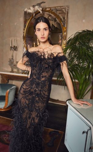 Black lace and feathered dress Marchesa Resort 2020
