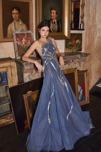 Blue asymmetric dress with metallic trim Marchesa Resort 2020
