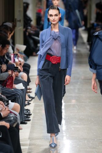 Blue grey pants, bouse and jacket with red belt Giorgio Armani Resort 2020