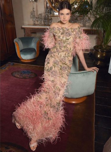 Nude dress with feathers and flowers Marchesa Resort 2020
