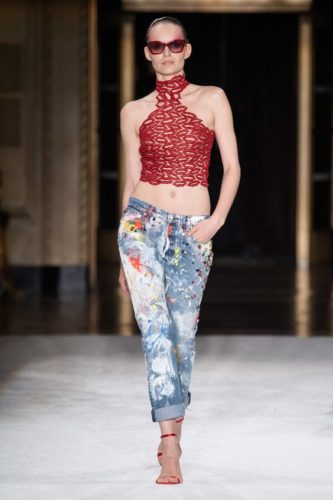 Red lacy top Christian Siriano Spring 2020 Ready-to-Wear