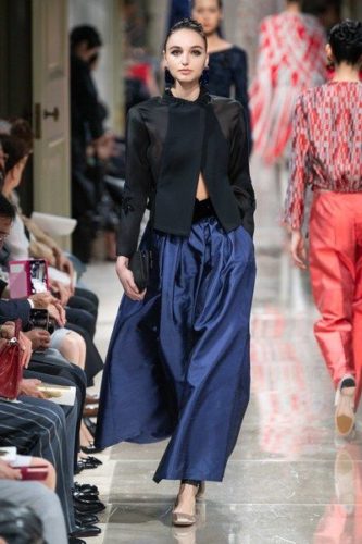 Royal blue skirt and black short jacket Giorgio Armani Resort 2020