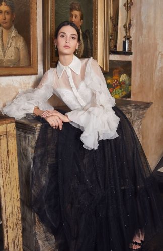 White blouse with ruffled sleeves Marchesa Resort 2020