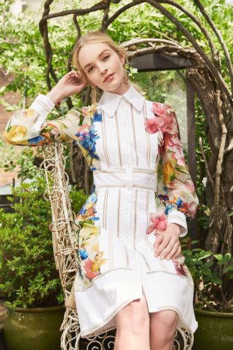 White striped day dress with flowers Marchesa Resort 2020