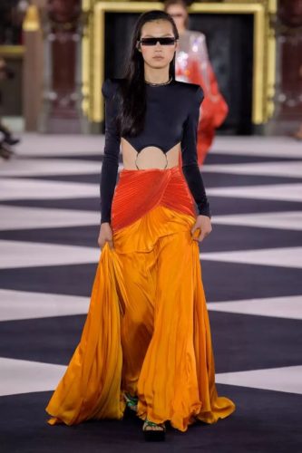 Yellow orange skirt and black top Balmain Spring-Summer 2020 Ready-To-Wear