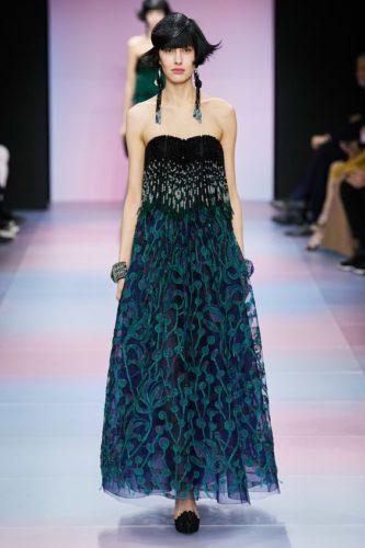 Beaded top and green blue skirt dress Armani Privé Spring 2020 Couture fashion show
