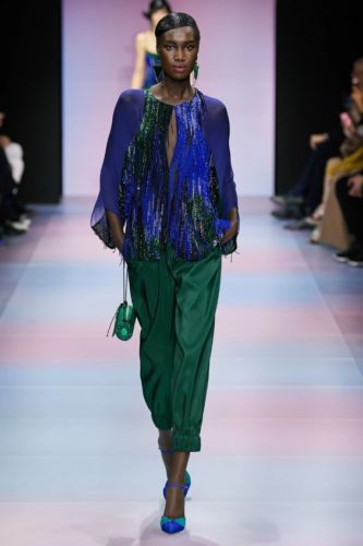 Blue blouse and green trousers Armani Haute Couture 2020 Spring Summer