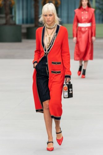 Red coat over black dress Chanel Resort 2020 collection