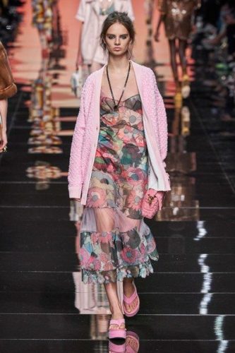 Floral tiered dress with rose cardigan Fendi Spring 2020 Ready-to-Wear