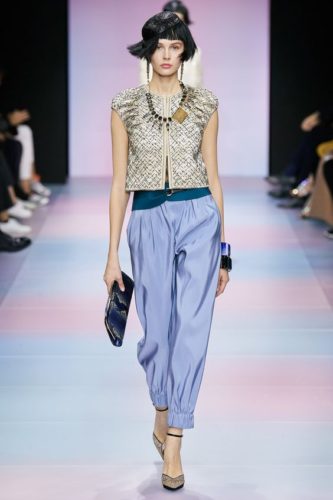 Grey short jacket and blue silky trousers Armani Haute Couture 2020 Spring Summer
