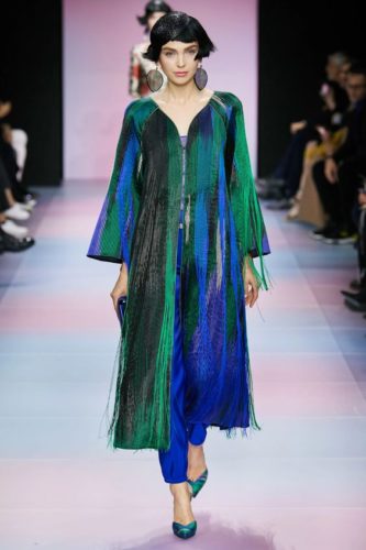 Peacock blouse with blue trousers Armani Haute Couture 2020 Spring Summer