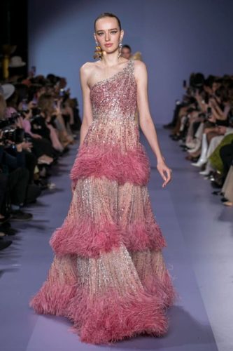 Rose tiered dress with feathers Georges Hobeika Haute Couture Spring Summer 2020
