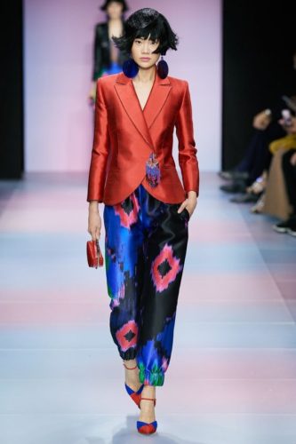Terracotta jacket and Ikat pattern silk trousers Armani Haute Couture 2020 Spring Summer