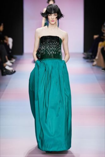 Turquoise skirt and dark green top dress Armani Haute Couture 2020 Spring Summer