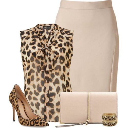 Animal print top and beige pencil skirt outfit