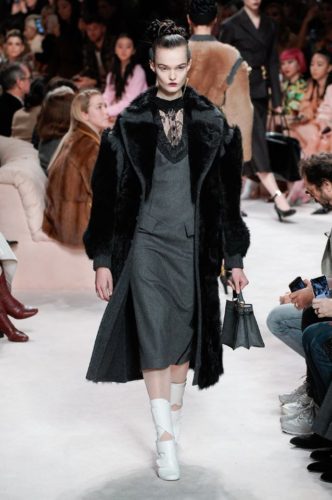 Black fur coat over grey midi dress FENDI Fall Winter 2020 Collection