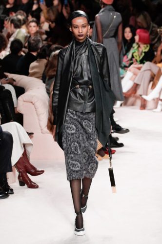 Black leather jacked with paigley grey skirt FENDI Fall Winter 2020 Collection