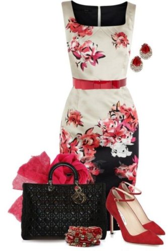 Floral summer dress with red accents outfit