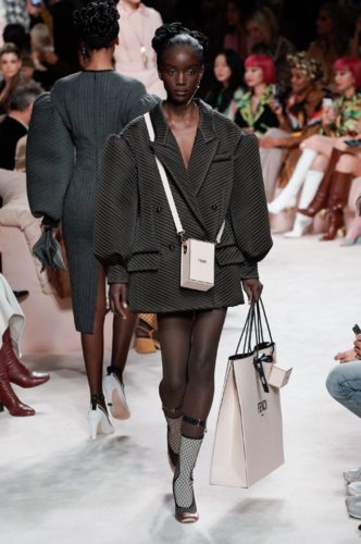 Grey stripped mini coad with oversized sleeves FENDI Fall Winter 2020 Collection