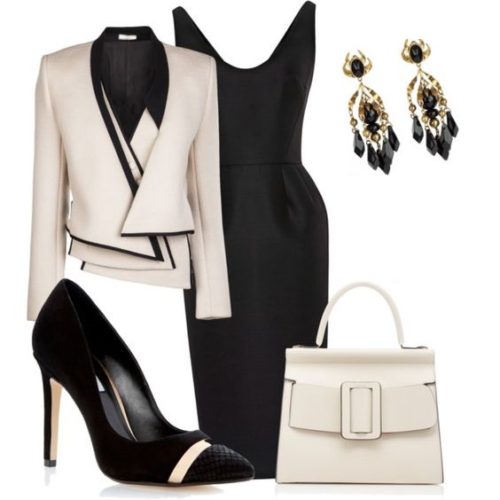 White jacket and black summer dress outfit
