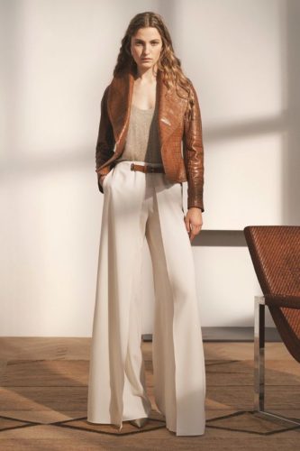 White pants and leather jacket Ralph Lauren Pre-Fall 2020 Fashion Show