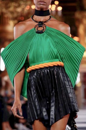 Green pleated top and black hot pants Balmain Spring 2020 RTW collection