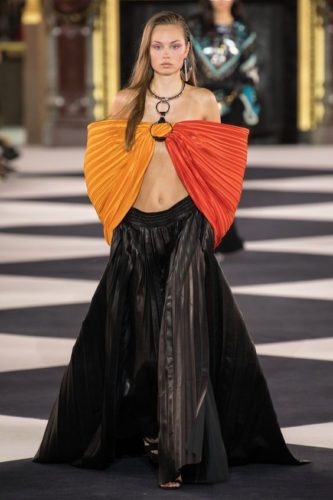 Pleated Yellow red top with boho black skirt Balmain Spring 2020 RTW collection