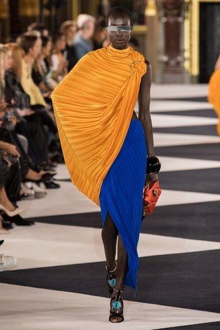 Pleated Yellow top and Blue skirt Balmain Spring 2020 RTW collection