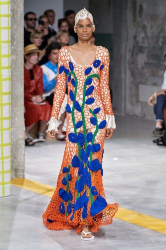 Red with blue flowers net crochet dress Marni Spring 2020 Ready-to-Wear