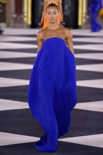 Royal blue pleated long dress Balmain Spring 2020 RTW collection