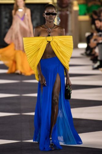 Yellow pleated top and royal blue skirt Balmain Spring 2020 RTW collection