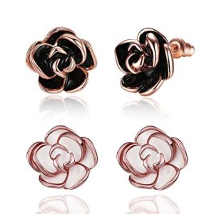 2 Pairs Pack White / Black Rose Gold Plated Flower Stud Earrings for Women Girls Gift