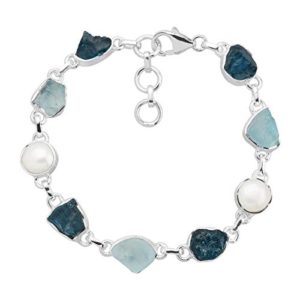 Natural Apatite & Blue Topaz with 9 mm Freshwater Cultured Pearl Bead Bracelet in Sterling Silver