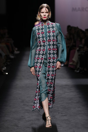 Ornament long vest over green chiffon dress Marcos Luengo Primavera Spring Summer Verano 2020 collection