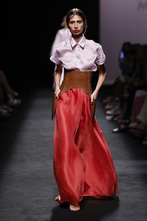 Silk rose blouse and red long skirt with wide leather belt Marcos Luengo Primavera Spring Summer Verano 2020 collection