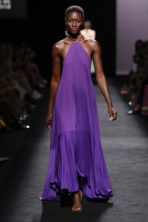 Violet long dress with tiered skirt Marcos Luengo Primavera Spring Summer Verano 2020 collection