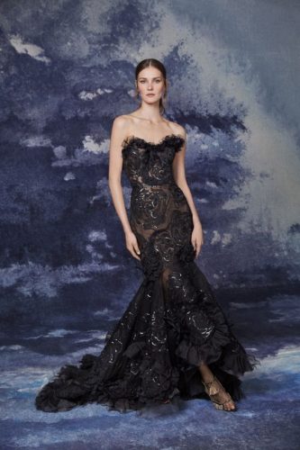 Black tulle mermaid dress with roses Marchesa fall 2020 RTW