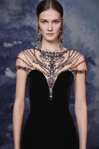 Black velvet dress with inlaid necklace Marchesa fall 2020 RTW